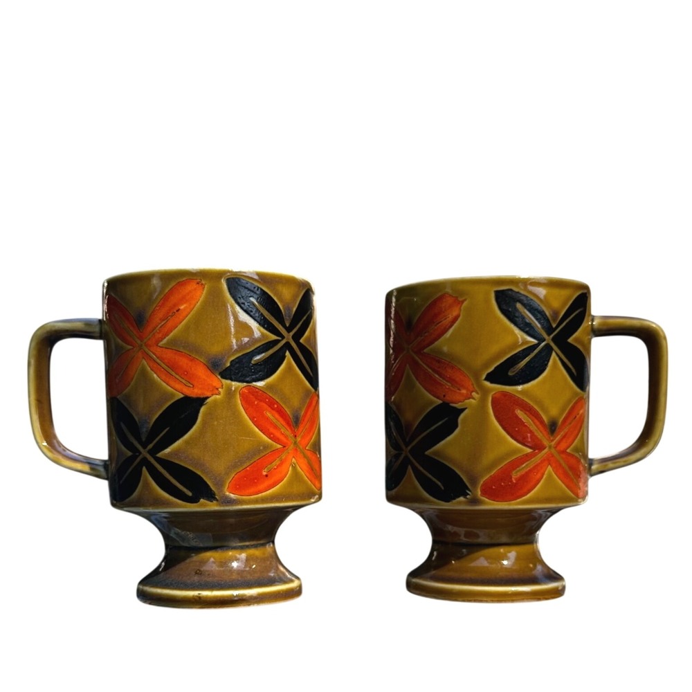 Vintage MCM Footed Ceramic Mugs Olive Mustard Orange Black Floral Set of 2